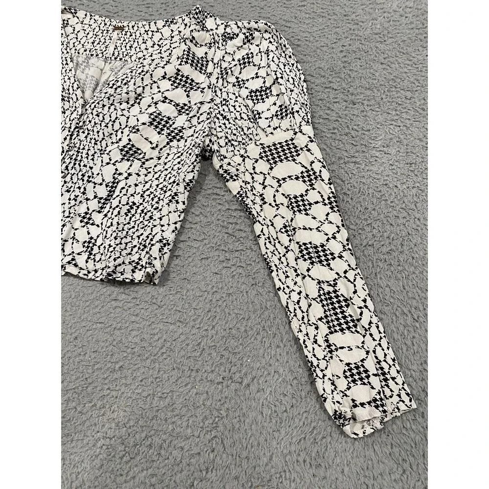 Free People Blouse Womens Medium White Black Animal Print Cropped Puff Sleeve